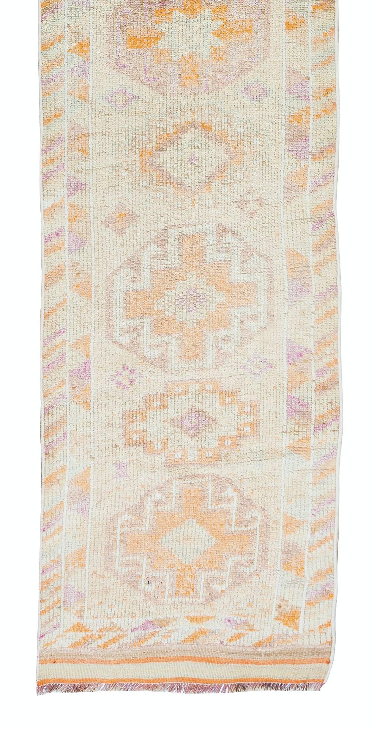 Hand-Knotted 2.7x12.7 Ft Mid-Century Handmade Anatolian Wool Runner Rug Narrow Hallway Carpet For Sale