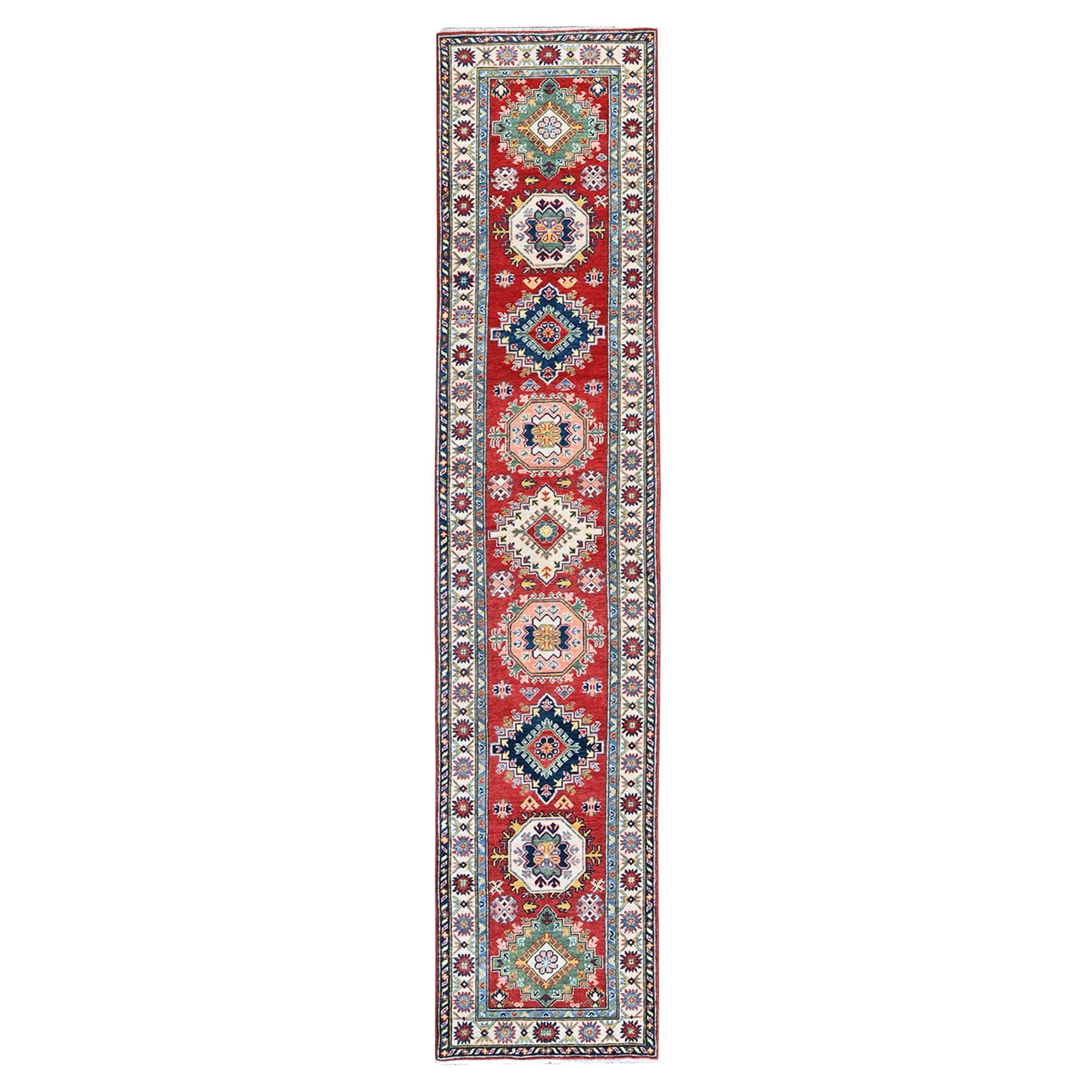 2'7"x12'7" Red Kazak with Medallions Design Hand Knotted Soft Wool Runner Rug