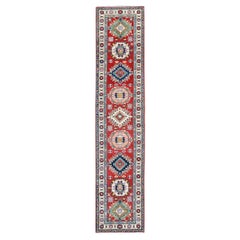 2'7"x12'7" Red Kazak with Medallions Design Hand Knotted Soft Wool Runner Rug