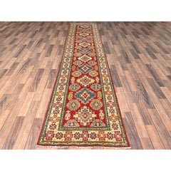 2'7"x12'8" Red Kazak Geometric Medallions Design Hand Knotted Wool Runner Rug