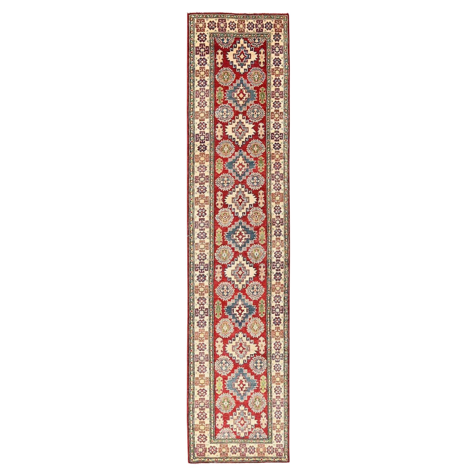 2
7"x12
8" Red Kazak Geometric Medallions Design Hand Knotted Wool Runner Rug