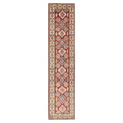 2
7"x12
8" Red Kazak Geometric Medallions Design Hand Knotted Wool Runner Rug
