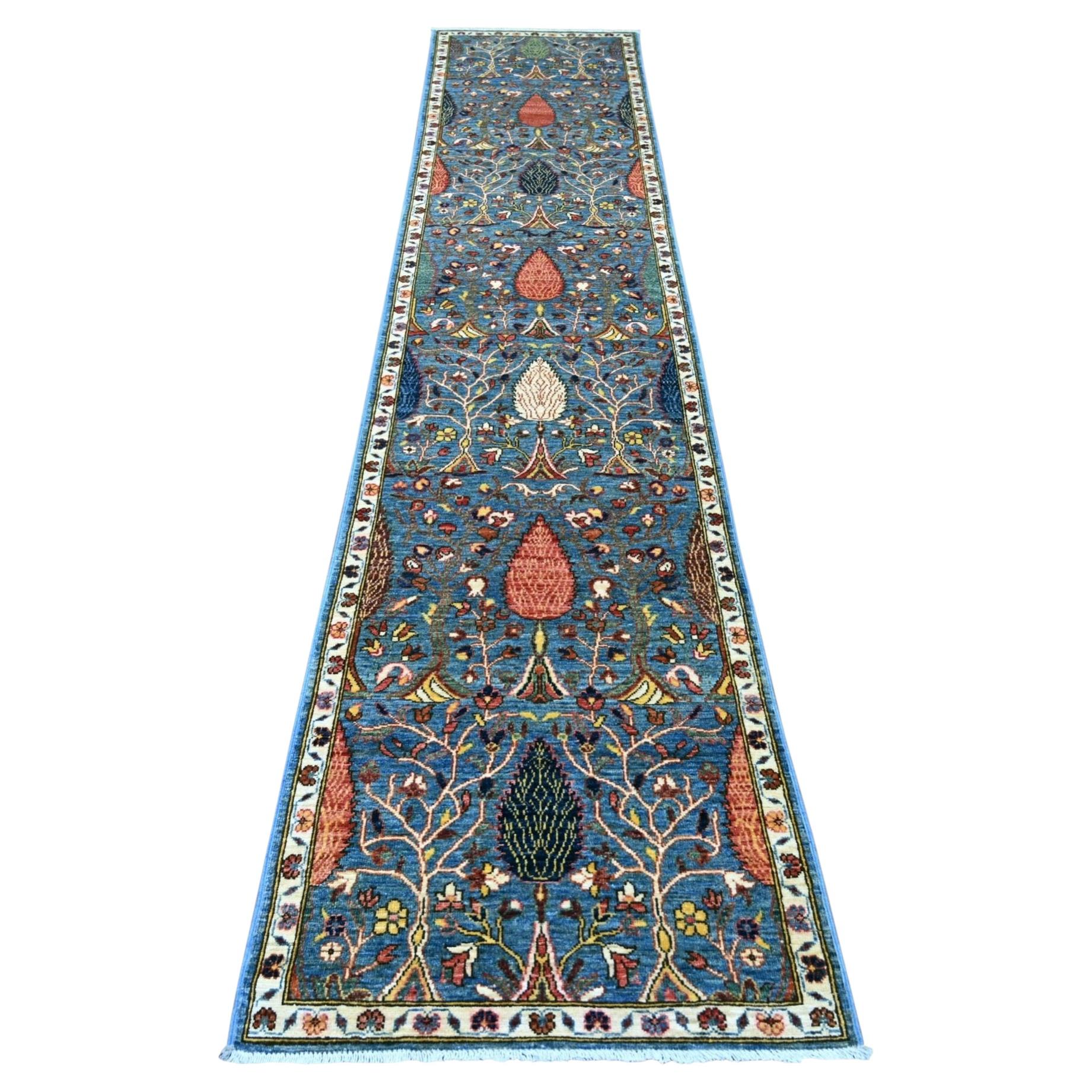 2'7"x13' Blue Ethnic Tribal Cypress Tree Design Hand Knotted Wool Runner Rug