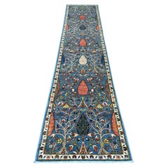 2'7"x13' Blue Ethnic Tribal Cypress Tree Design Hand Knotted Wool Runner Rug