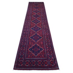 2'7"x13' Deep Red Afghan Khamyab Soft Wool Hand Knotted Runner Rug