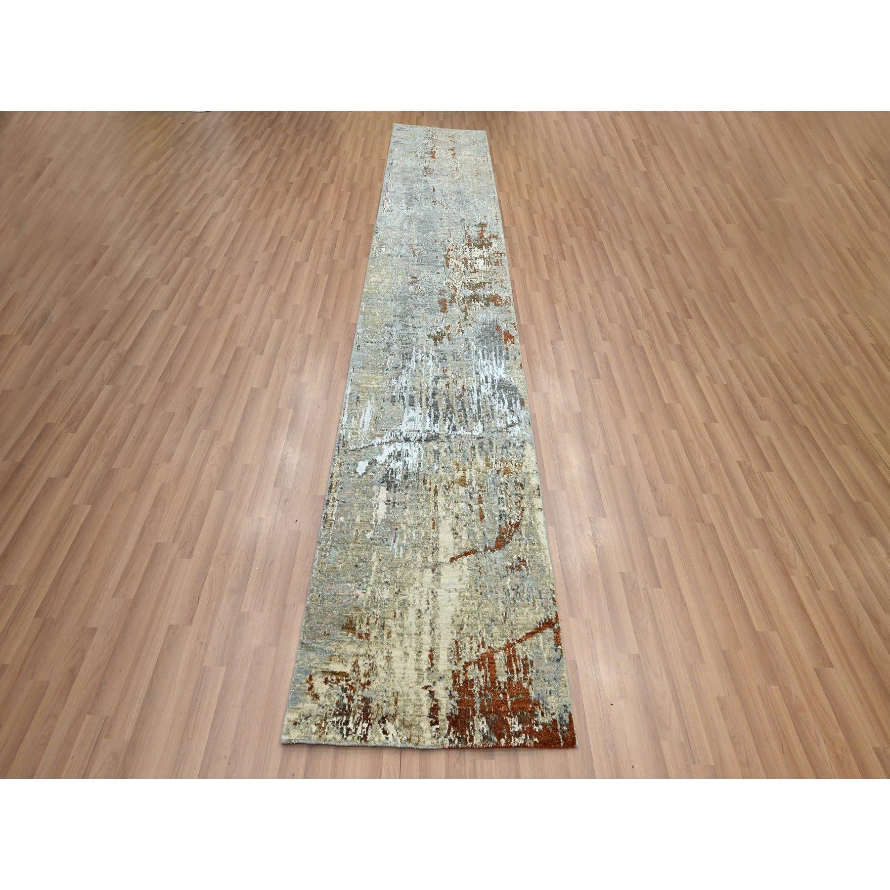 Nevada Gray with Beige, 100% Wool, Abstract with Galaxy Design, Persian Knot, Hand Knotted, Densely Woven, Runner, Oriental Rug
Primary materials: Wool
Latex: No Pile 
height: 0.25 Inches
Style: Contemporary
Primary color: Grey
Secondary colors: