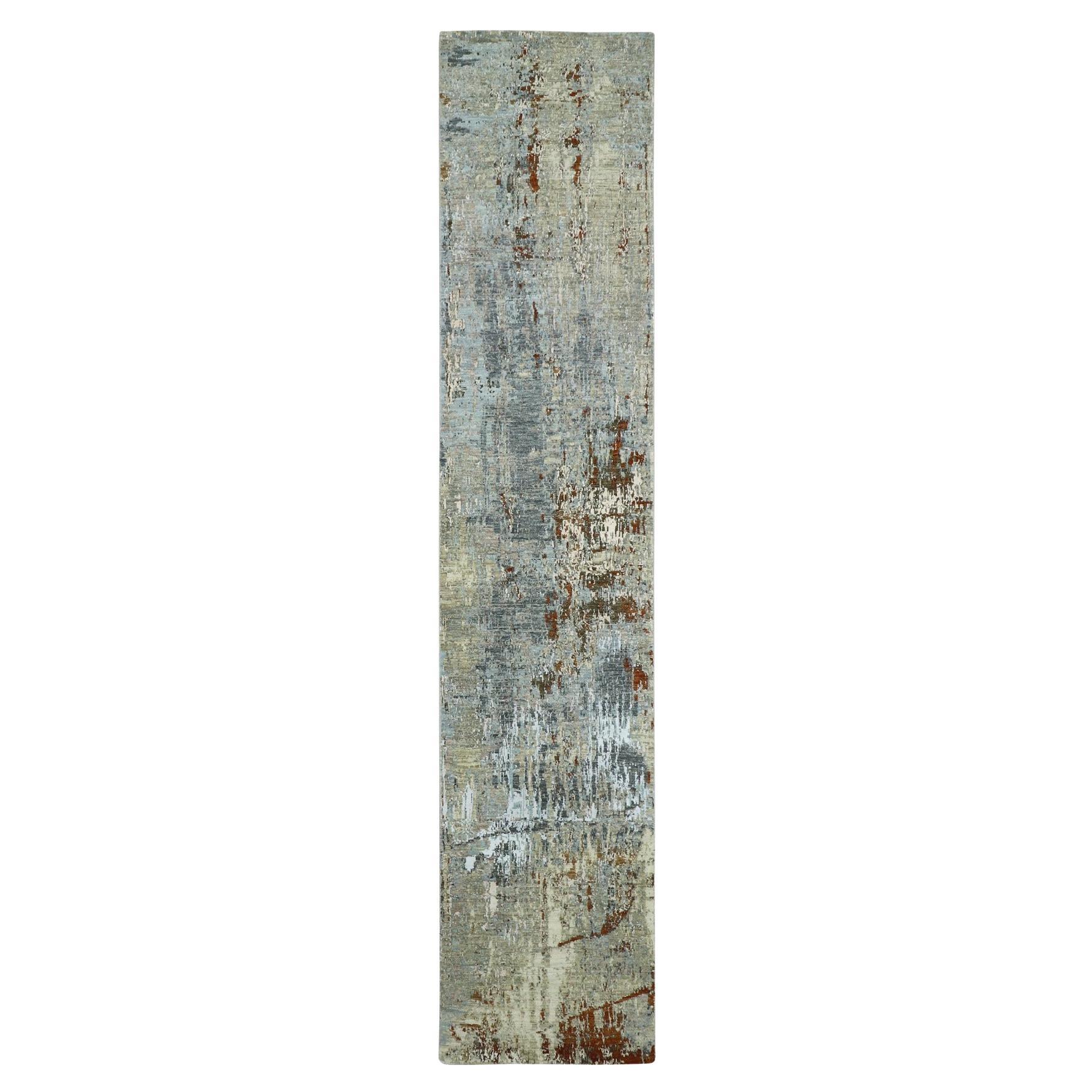 2'7"x13' Gray with Beige Wool Abstract Design Hand Knotted Runner Rug