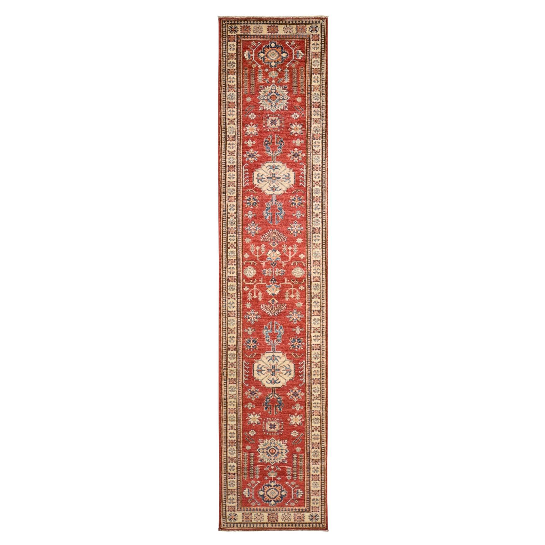 2'7"x13'1" Red, Afghan Super Kazak, Hand Knotted, Shiny Wool, Runner Rug For Sale