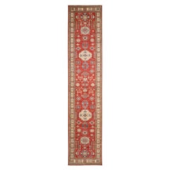 2'7"x13'1" Red, Afghan Super Kazak, Hand Knotted, Shiny Wool, Runner Rug