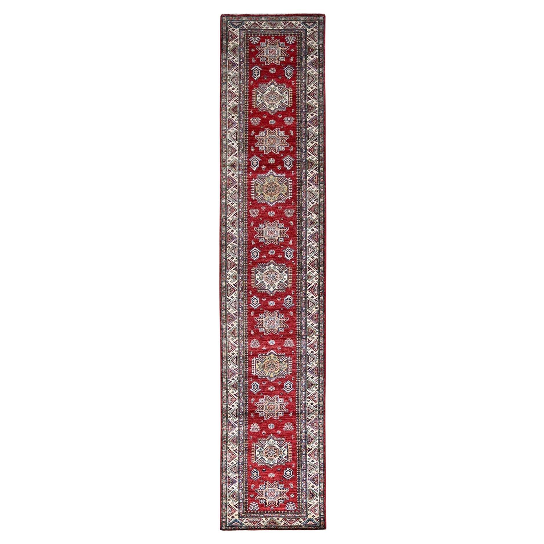 2'7"x13'2" Carmine Red Hand Knotted Super Kazak Shiny Wool Runner Oriental Rug