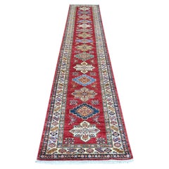 Tappeto Runner in lana rosso mattone Afghan Super Kazak Tribal Medallions Design/One