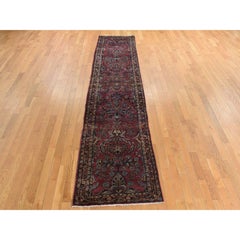 2'7" x 13'4", violett, antiker persischer Sarouk-Teppich aus 100 % Wolle, handgeknüpfter Läufer