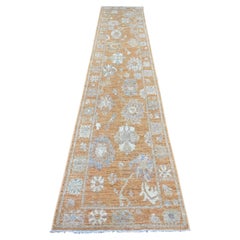 2'7"x13'5" Golden Brown Hand Knotted Angora Oushak Pure Wool Runner Oriental Rug