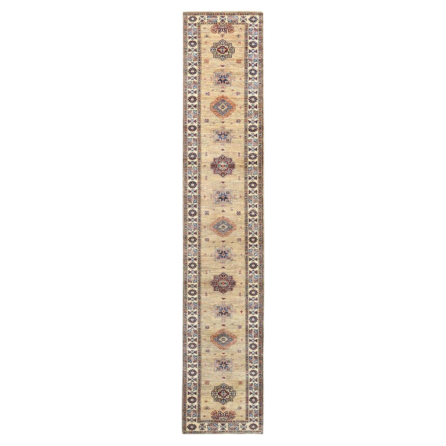 2'7"x13'6" Chamomile, Afghan Super Kazak Wool Hand Knotted Oriental Rug