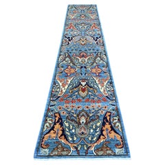 Tappeto da corridoio in lana annodato a mano, 81 x 420 cm, Peshawar blu con motivo Bijar Garus