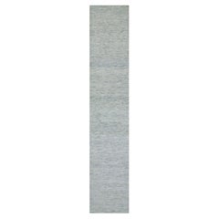 2'7"x13'9" Owl Gray Hand Knotted Grass Design Undyed Pure Shiny Wool Runner Rug