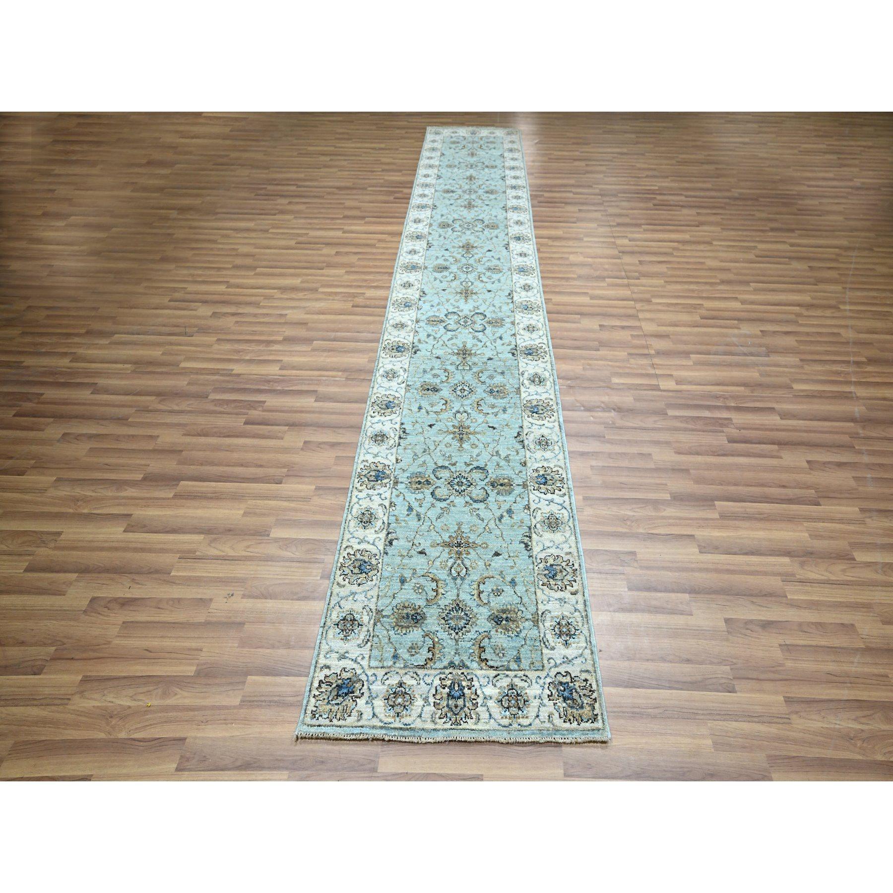 Morning Blue, Agra, Shah Abbas Flower Vines Design, Luxurious Wool, Veggie Dyes, Hand Knotted, Denser Weave, Runner, Oriental Rug
Primary materials: Wool
Latex: No Pile 
height: 0.25 Inches
Style: Transitional
Primary color: Blue
Secondary colors: