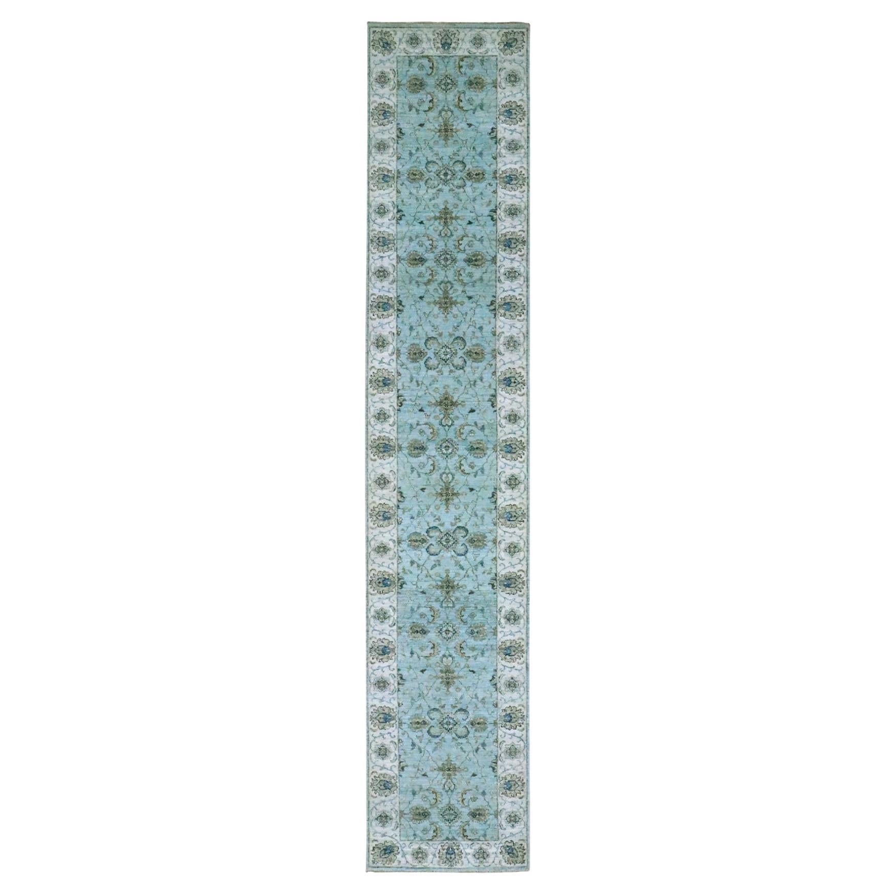 2'7"x14' Blue Agra Shah Abbas Flower Vines Design Wool Hand Knotted Runenr Rug For Sale