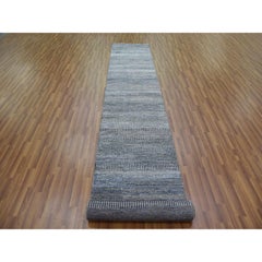 2'7"x14' Gray, Wool and Silk Hand Knotted, Modern Grass Design Runner Rug