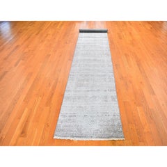 2'7"x14' Green Wool & Silk Broken Persian Design Hand Knotted Runner Rug
