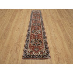 2'7"x14' Red Antiqued Fine Heriz Re-Creation Pure Wool Hand Knotted Runner Rug