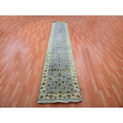 2'7"x14' Yarmouth Blue Hand Knotted Rajasthan Leaf Design Silk Wool Runner Rug