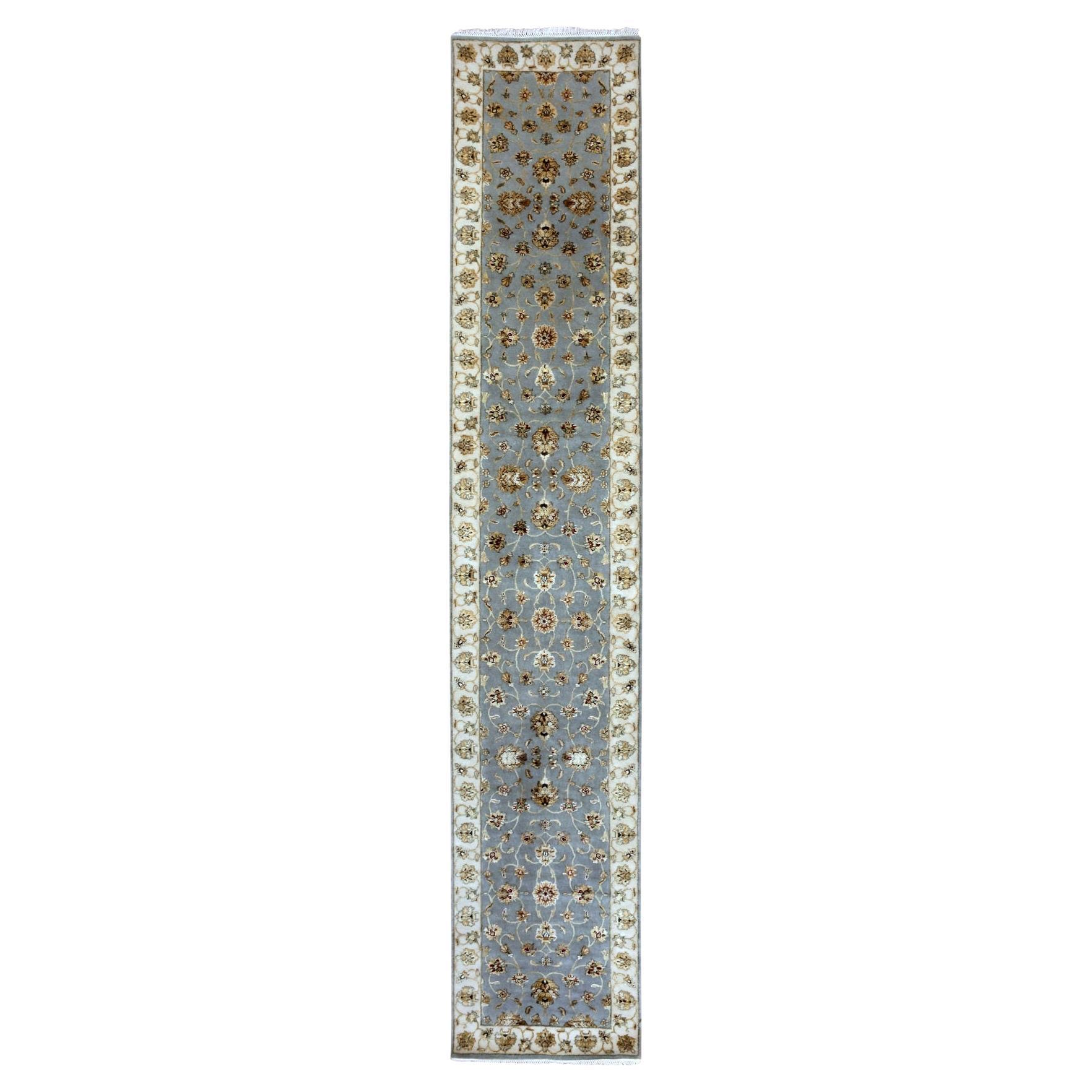 2'7"x14' Yarmouth Blauer handgeknüpfter Rajasthan-Blauer Seiden-Woll-Läufer mit Blattmuster