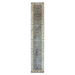 2'7 "x14' Yarmouth Blue Annodato a mano Rajasthan Leaf Design Tappeto Runner in Lana e Seta