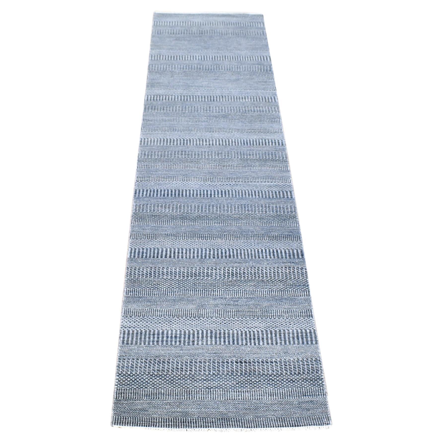 2'7"x14'1" Black, Modern Grass Design, Hand Knotted Wool and Silk Runner Rug