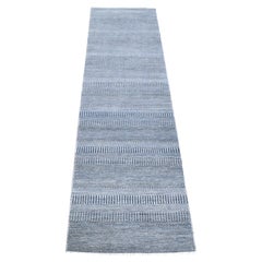 2'7"x14'1" Schwarzer, moderner Läufer aus Wolle und Seide mit Grasdesign, handgeknüpft