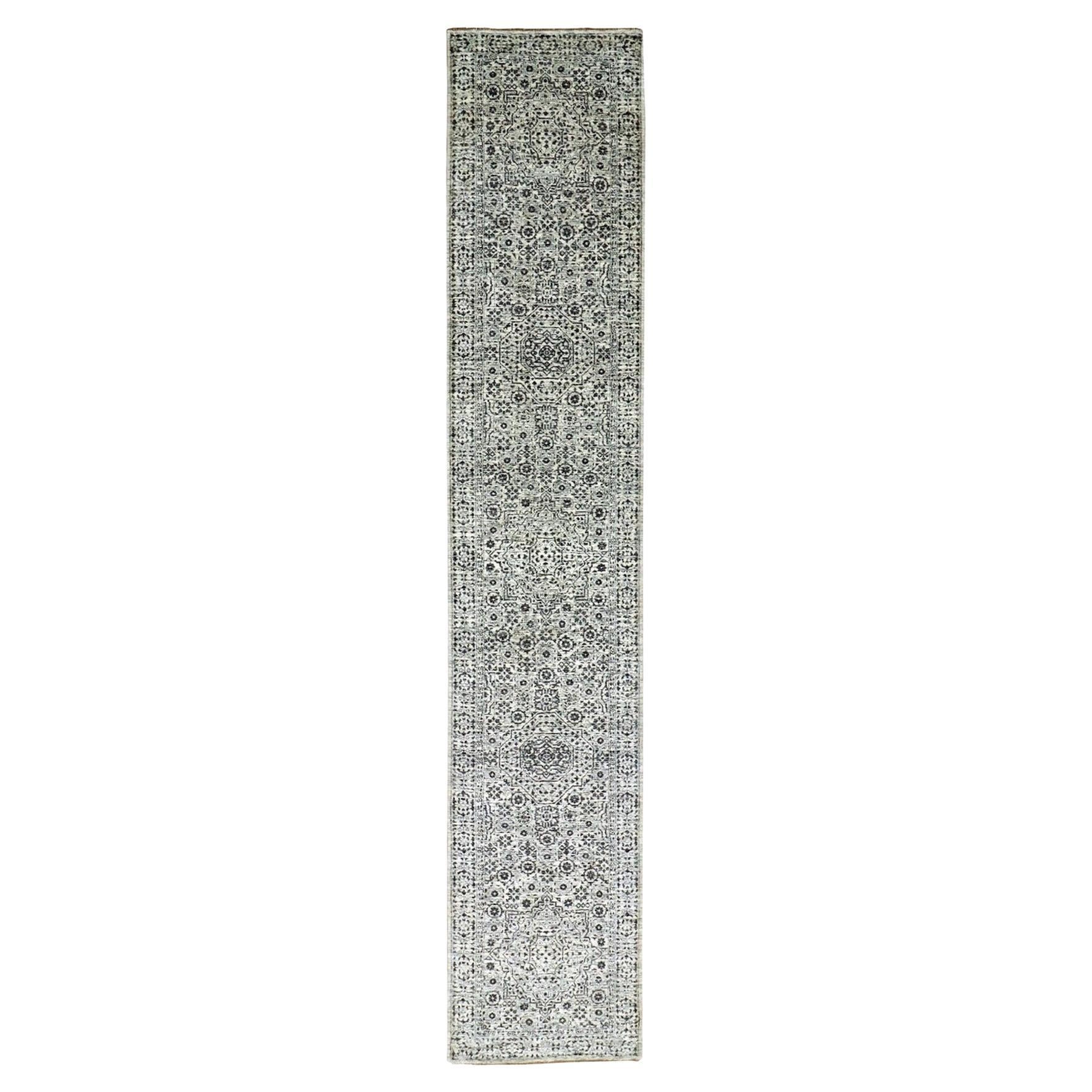 2'7 "x14'1" White Mamluke Dynasty Tone on Tone Pure Wool Hand Knoted Runner Rugs