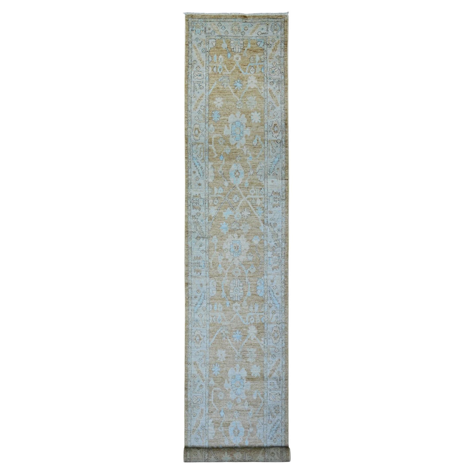 2'7 "x15' Tapis de course Afghan Angora Oushak en laine douce nouée à la main de couleur Tan