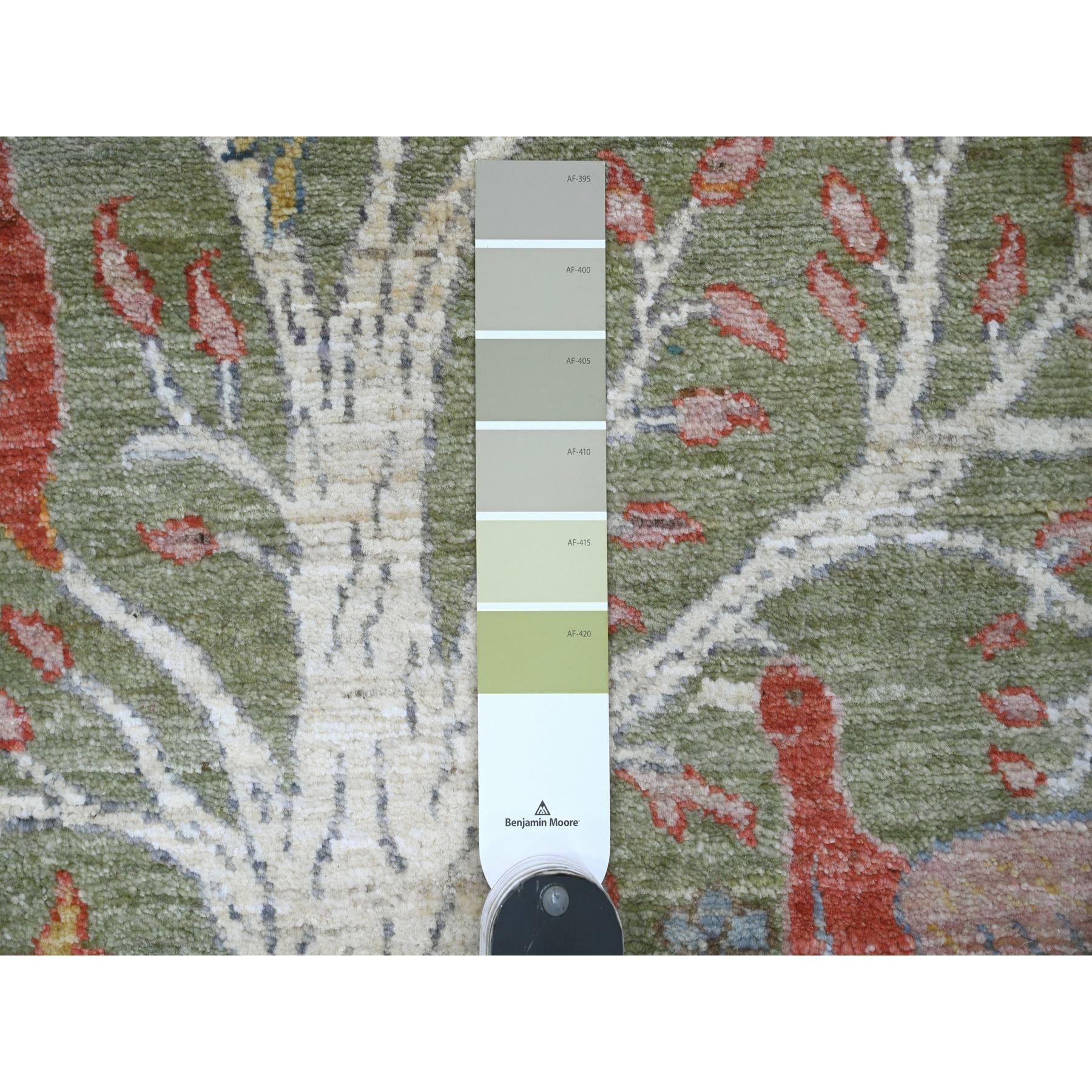 Oushak Tappeto Runner annodato a mano in lana verde Peshawar Birds of Paradise Design 2'7 