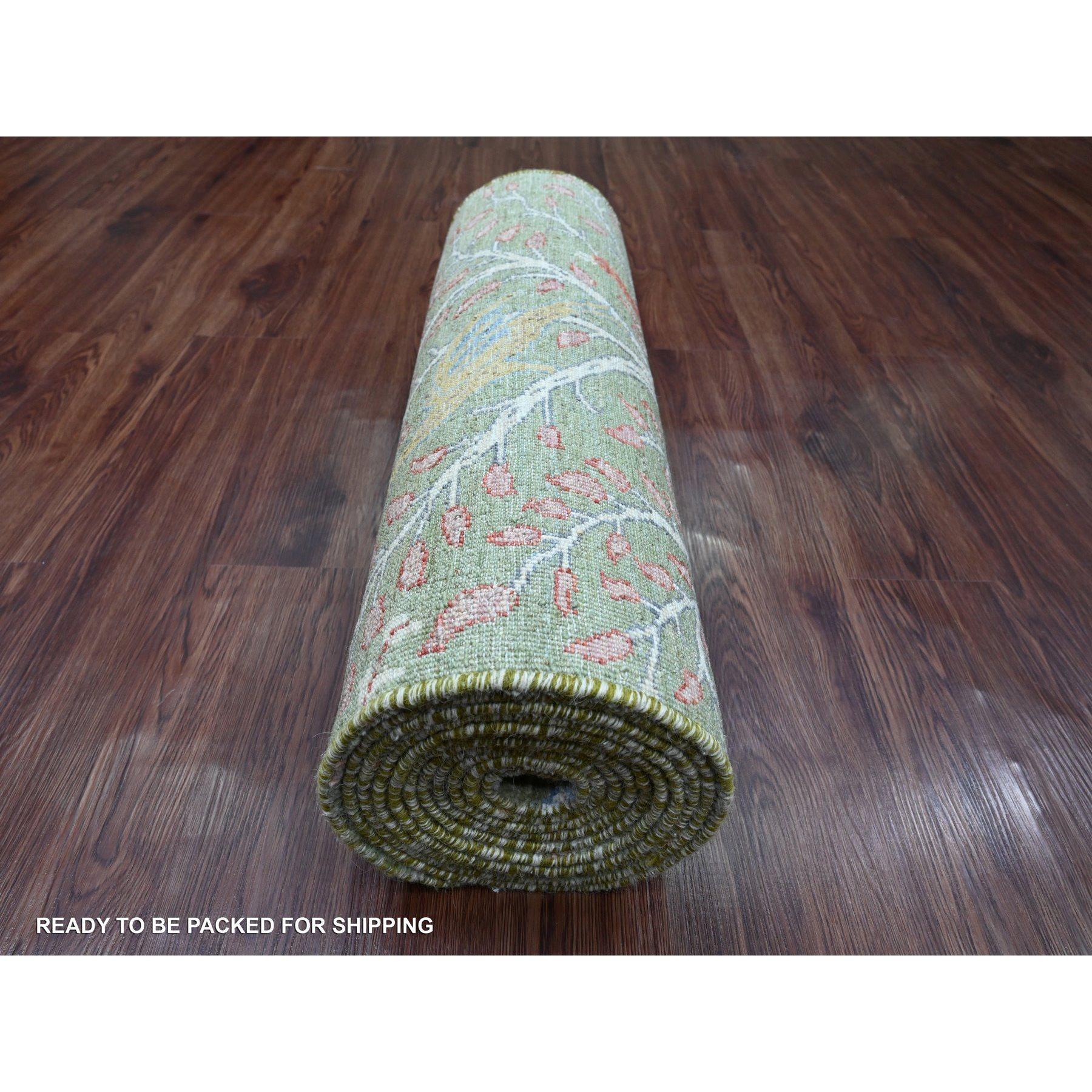 Afghano Tappeto Runner annodato a mano in lana verde Peshawar Birds of Paradise Design 2'7 