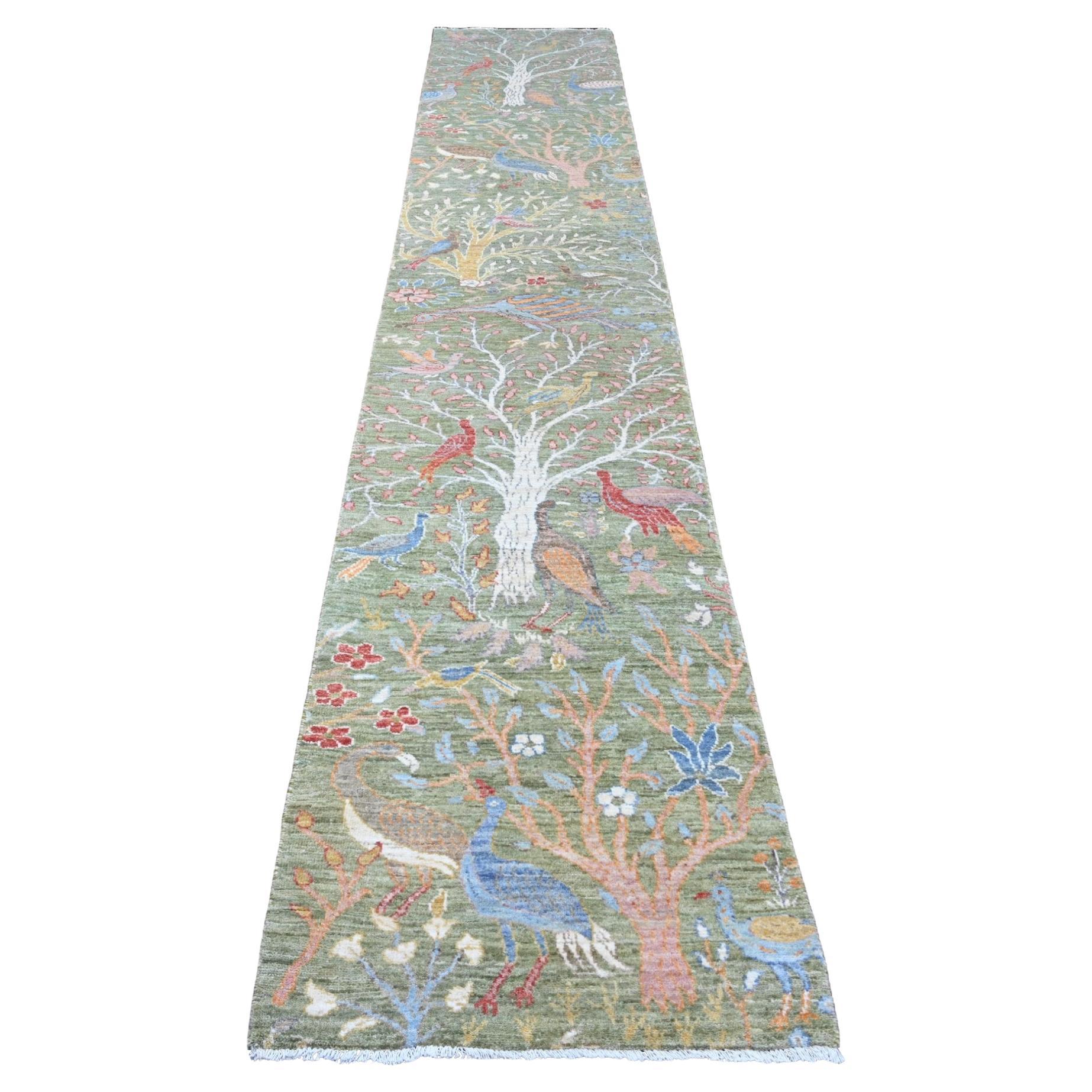 Tappeto Runner annodato a mano in lana verde Peshawar Birds of Paradise Design 2'7 "x15'1"