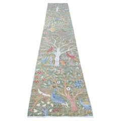 Tappeto Runner annodato a mano in lana verde Peshawar Birds of Paradise Design 2'7 "x15'1"