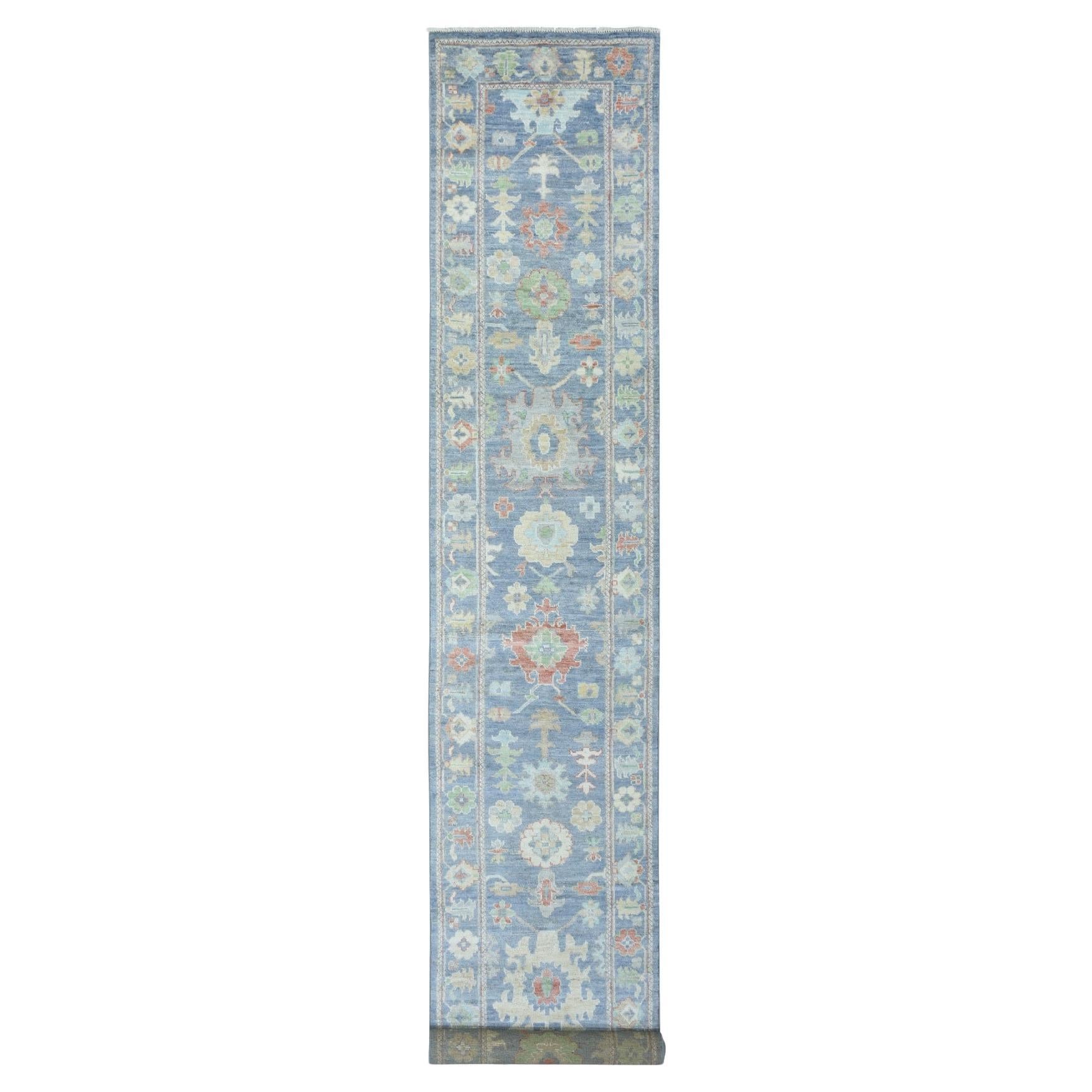 2'7"x15'10" Light Blue Soft Wool Hand Knotted Afghan Angora Oushak XL Runner Rug