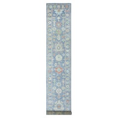 Tappeto Runner XL in lana morbida blu chiaro annodato a mano di angora afgana Oushak