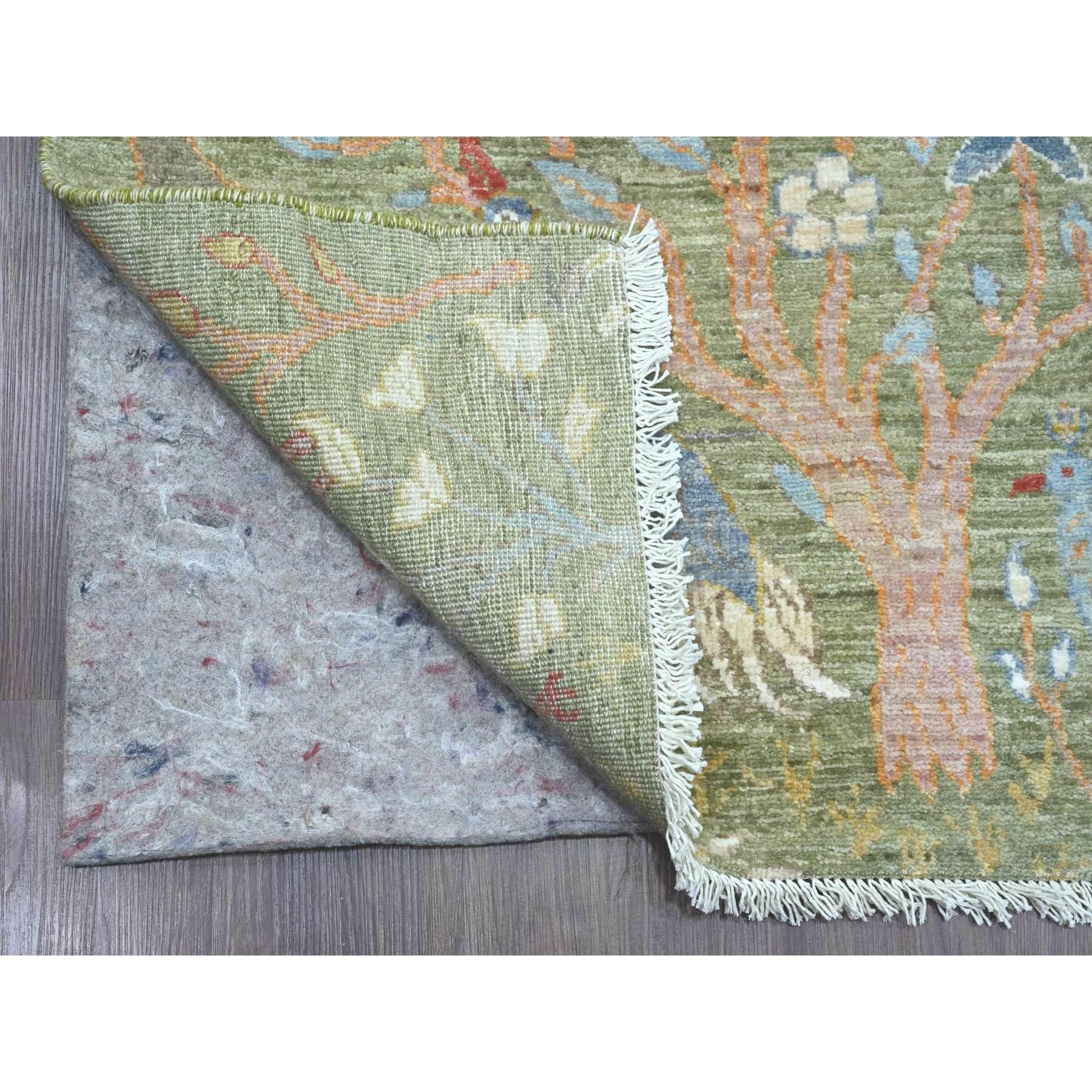Pickle Green, Afghan Peshawar avec motifs d'oiseaux de paradis, noué à la main, laine douce, teintures végétales, couloir XL, tapis d'Orient
Matières premières : Laine
Latex : Pas de poils 
hauteur : 0,25 pouces
Style : Transitionnel
Couleur