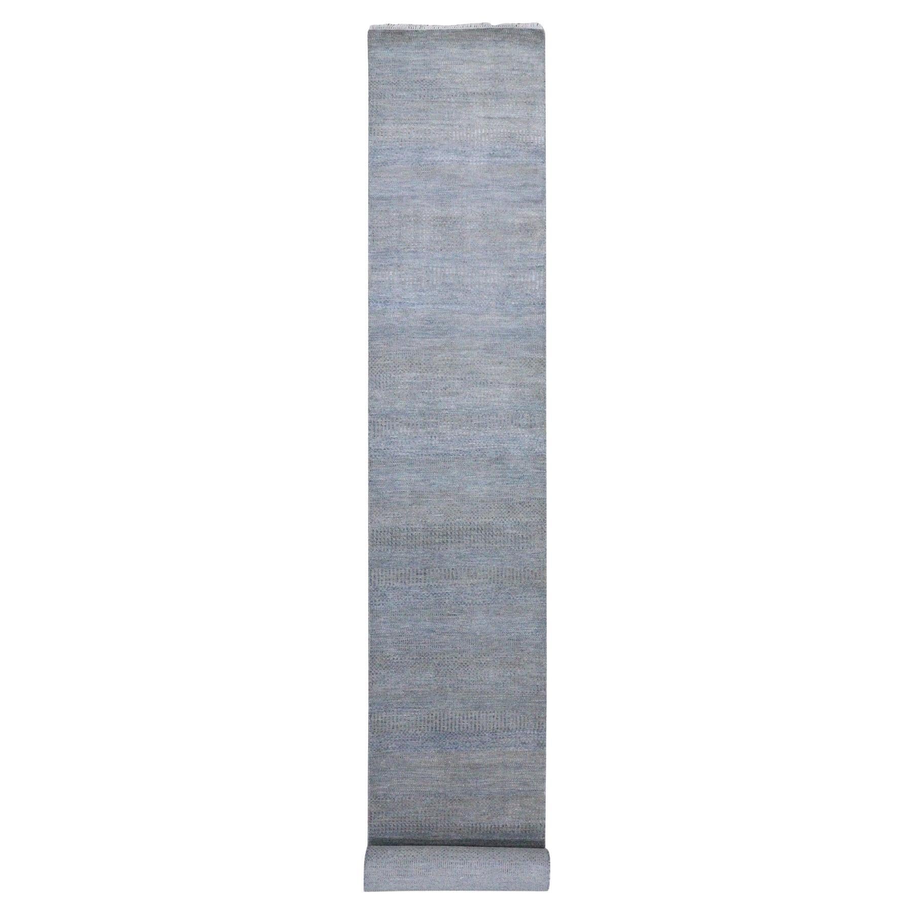 2'7"x15'5" Blue Modern Grass Design Gabbeh Wool and Silk Hand Knotted Runner Rug