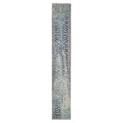 2'7"x15'9" Blue-Teal Erased Wool And Silk Persian Heriz Hand Knotted Runner Rug