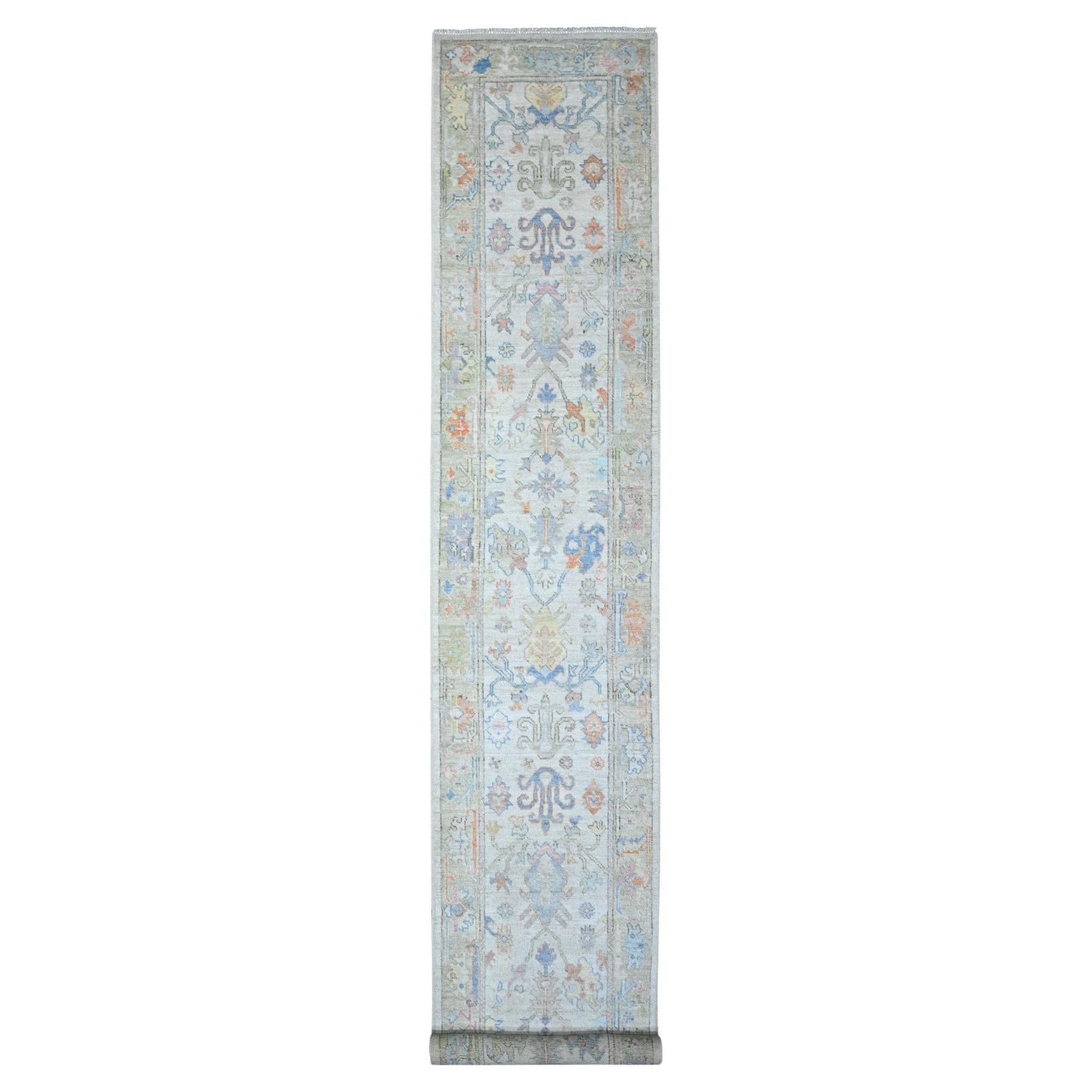 2'7"x15'9" White Smoke Gray Afghan Angora Oushak XL Runner Oriental Rug