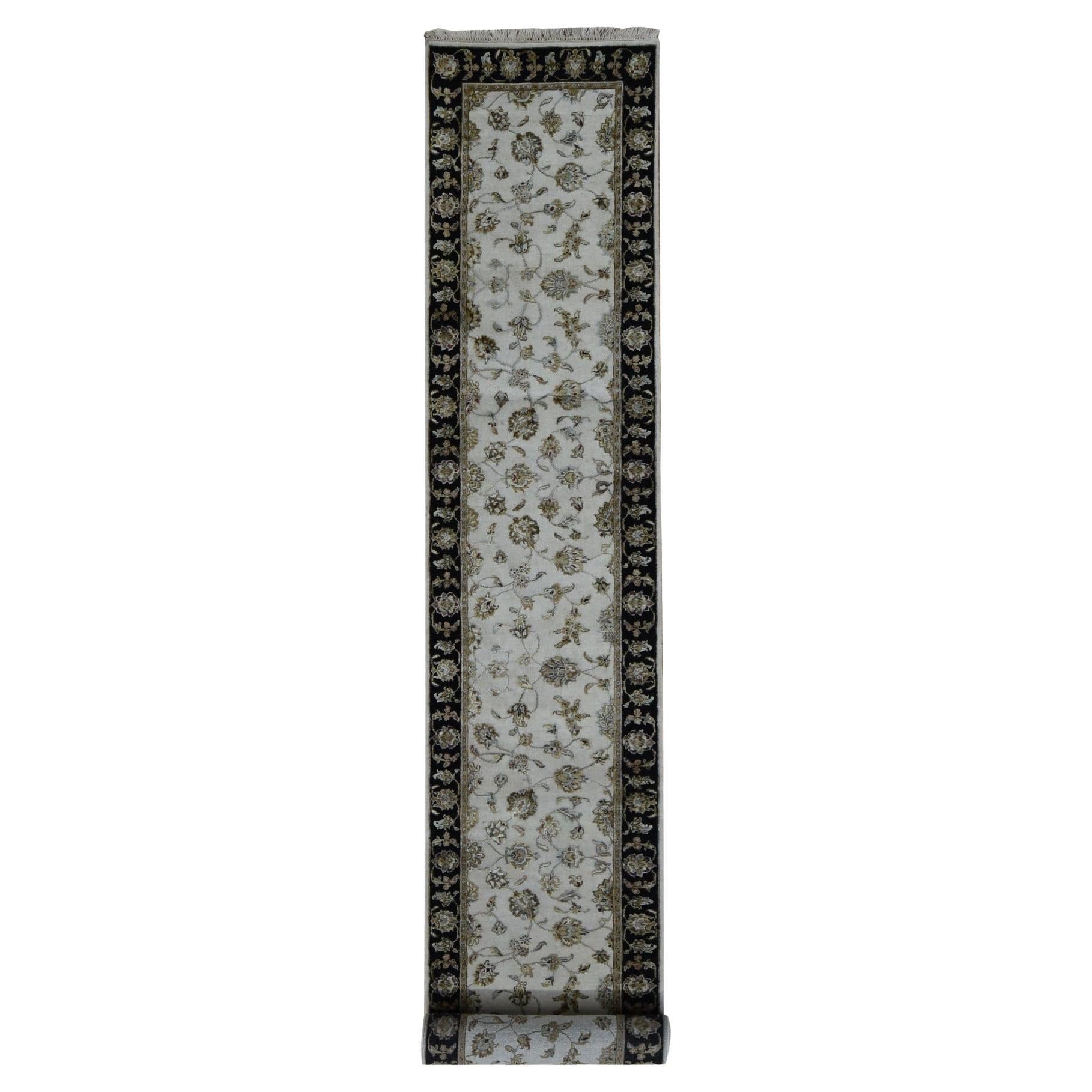2'7 "x16' Bone White Half Wool and Half Silk Runner Rajasthan Hand Knots Rugs
