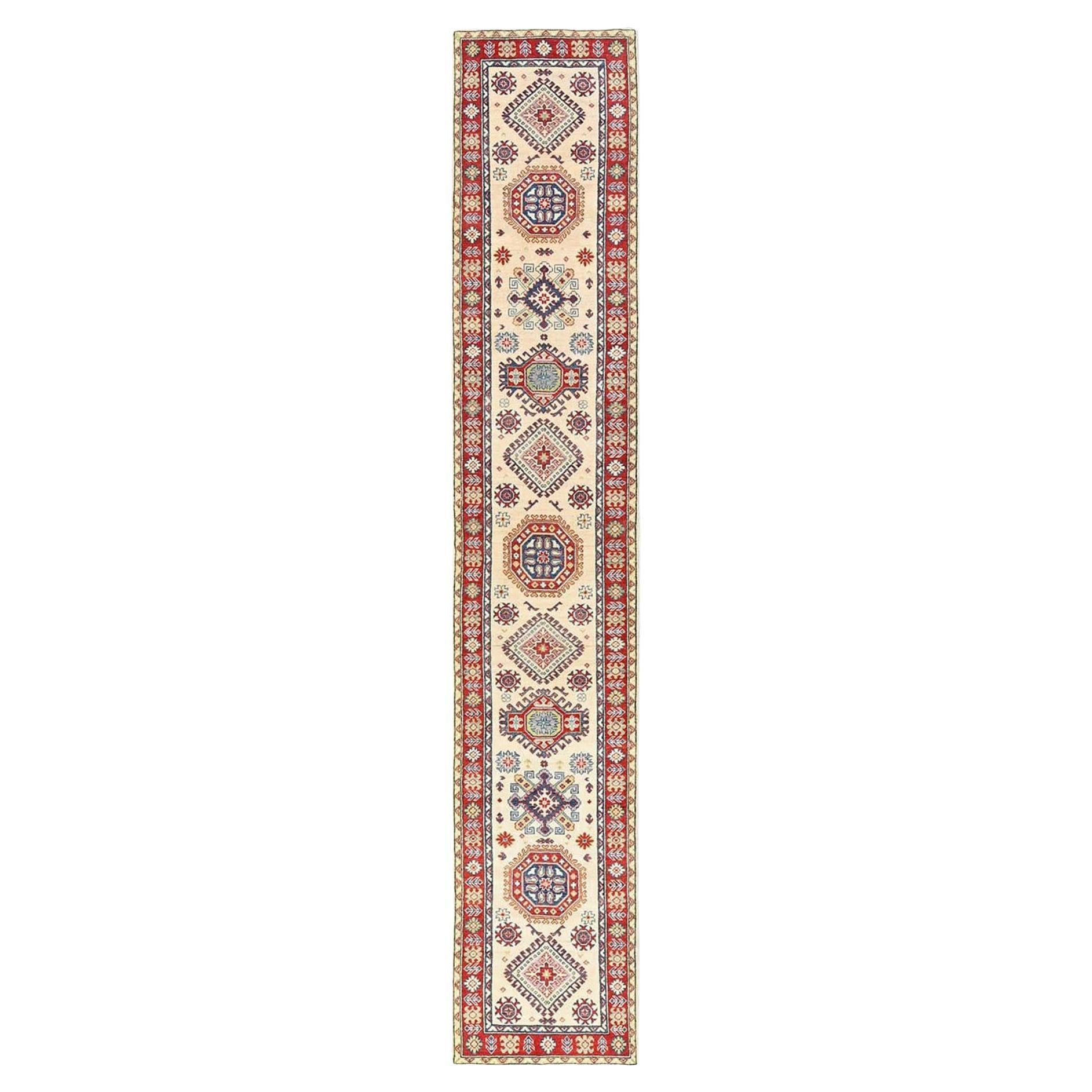 2
7"x16
Ivory Hand Knotted All Wool Kazak with Medallions Design XL Runner Rug