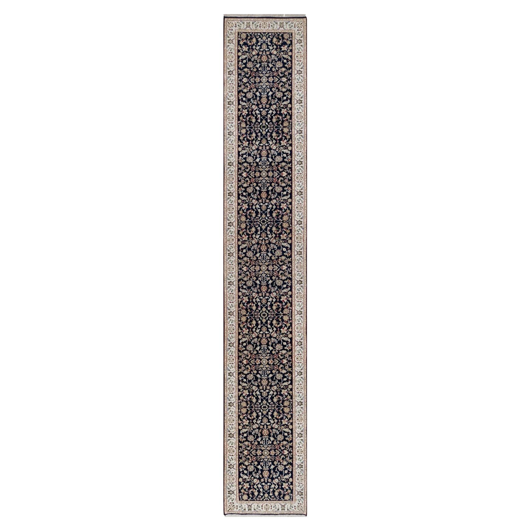 2'7"x16' Polo Blue Nain with Floral Design Wool and Silk Hand Knotted Rug
