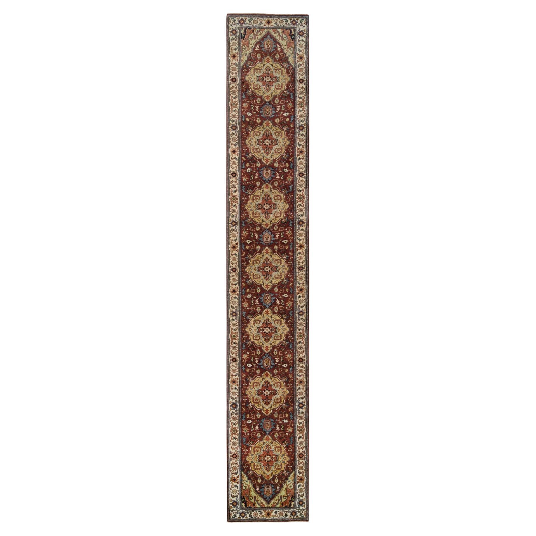 2'7"x16' Red Hand Knotted Antiqued Fine Heriz Hand Spun Wool XL Runner Rug