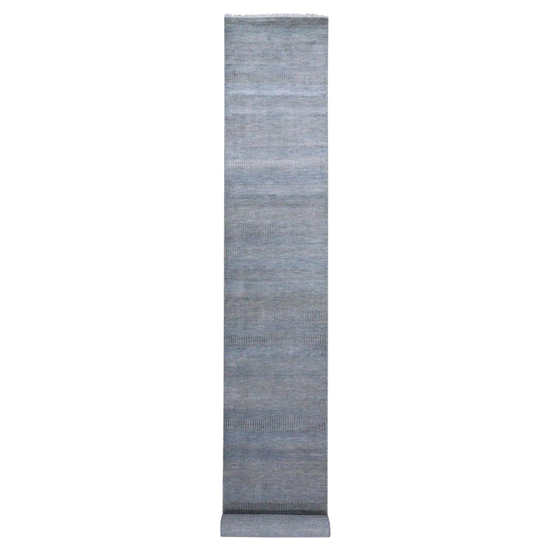2'7"x16'4" Denim Blue Wool and Silk Hand Knotted Modern Grass Design Runner Rug