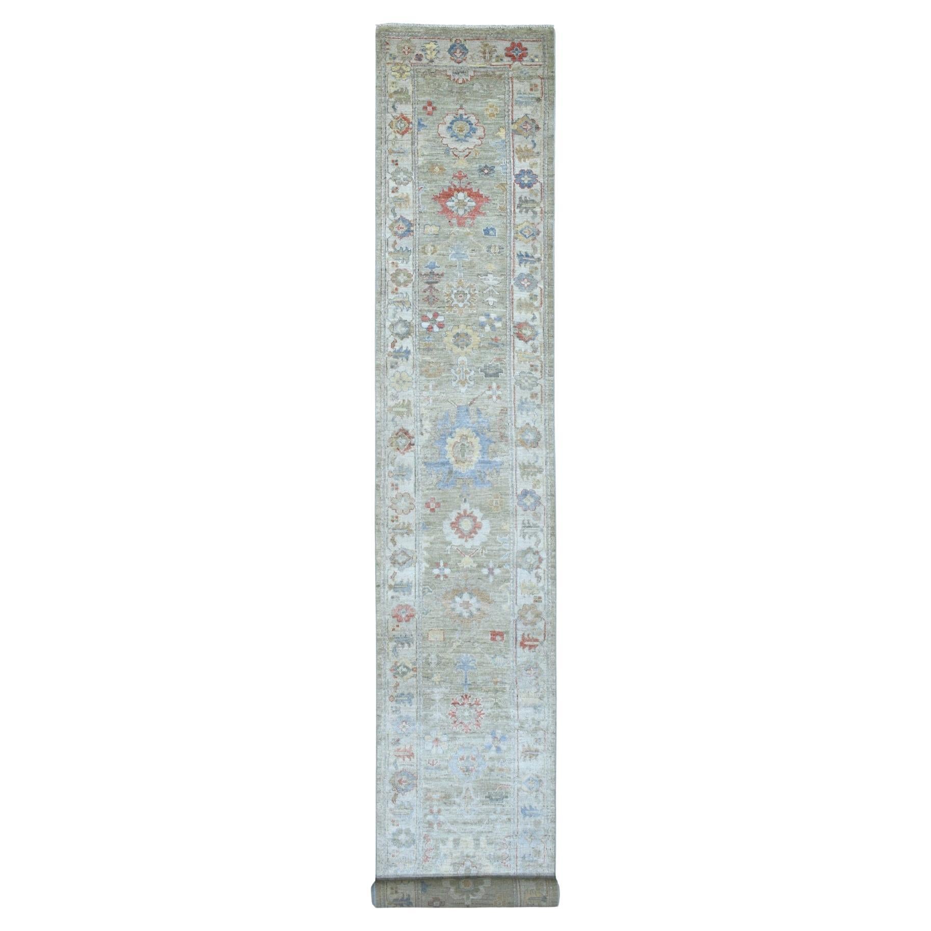 2'7 "x17'5" Tapis de course oriental XL en laine douce Angora Oushak gris noué à la main en vente