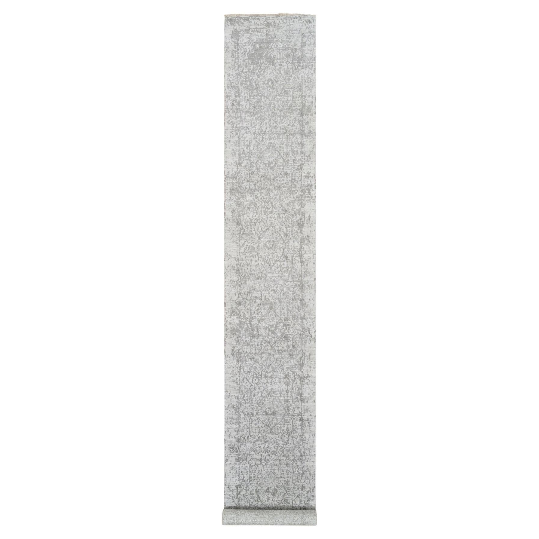 2'7 "x17'7" Gris, Lana y Seda Anudadas a Mano, Diseño Persa Roto, Alfombra Rectora XL
