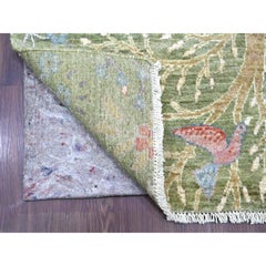 2'7"x17'7" Green Peshawar Birds of Paradise Design Hand Knotted Wool Runner Rug